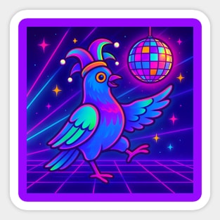 Vaporwave Dancing Jester Pigeon – Retro Neon Disco Bird Sticker